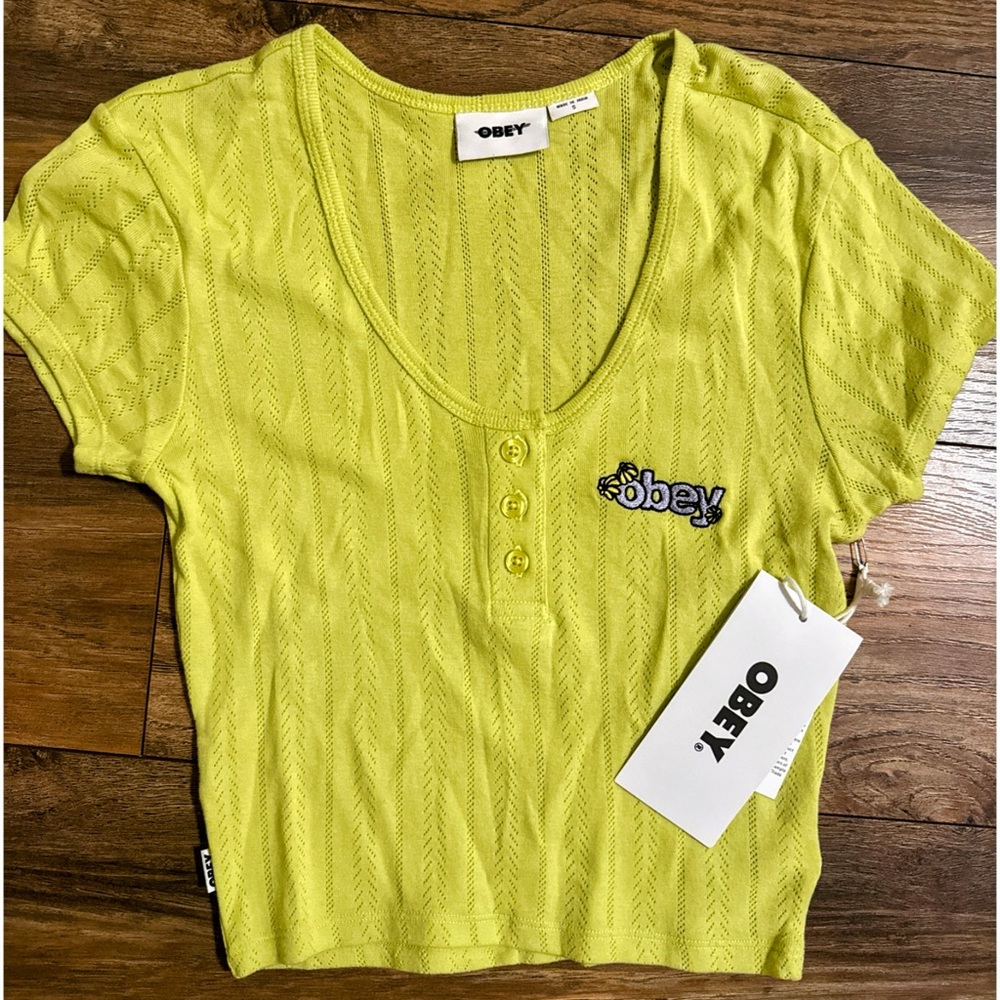 OBEY Size Small Neon Green Alina Pointelle Daisy Top NWT
